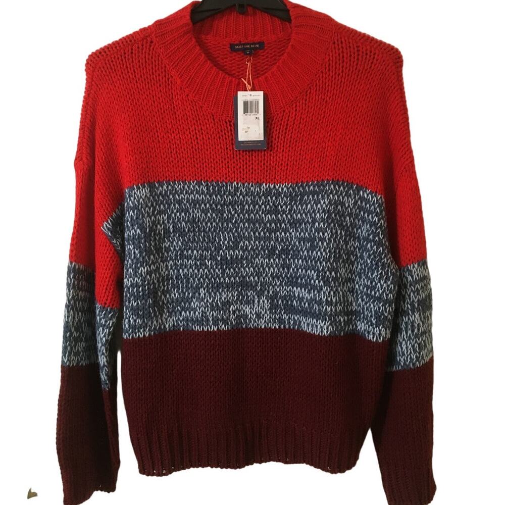 NWT Skies Are Blue XL Color Block Red Blue & Burgundy LS Sweater